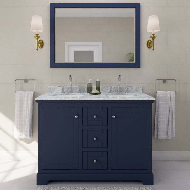Avery 48'' Double Bathroom Vanity with Marble Top, Dark Blue, Polished Chrome