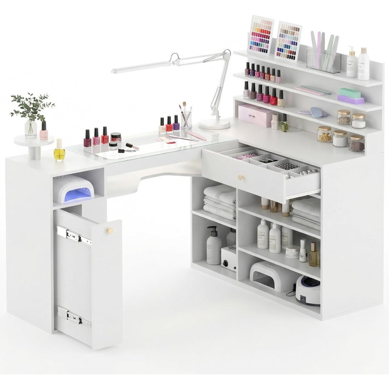 Nail Bureau pour table de manucure en L 60 po Nail Tech avec plateau en verre, Blanc