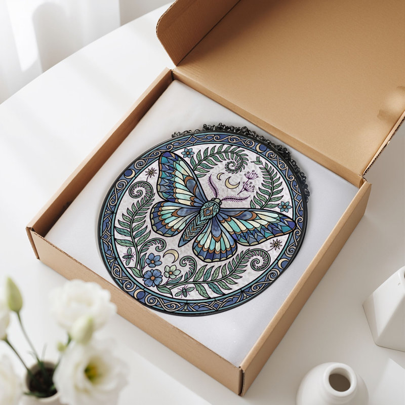 Panneau de vitrail papillon en verre teinté Mandala - H 7,8 po, H 7,8 po
