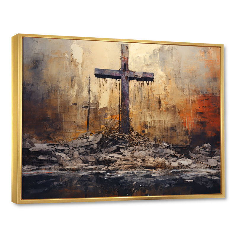 " Minimalism Cross Religious ", 12" H x 20" W x 1" D, Gold Floater Framed