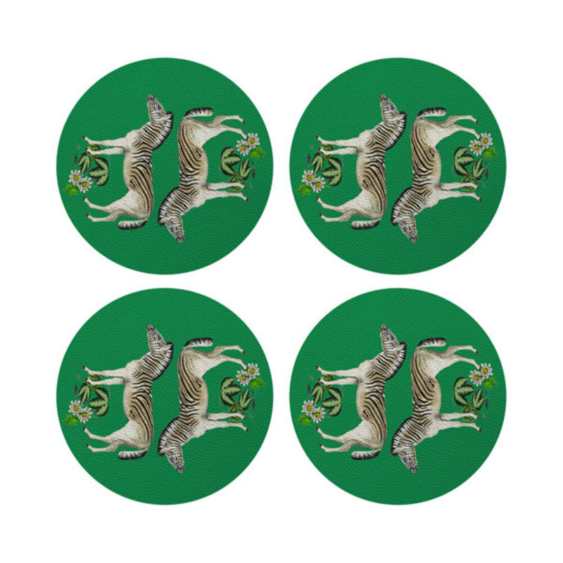 Zebra Seeing Double Vegan Leather Round Coasters, Kelly