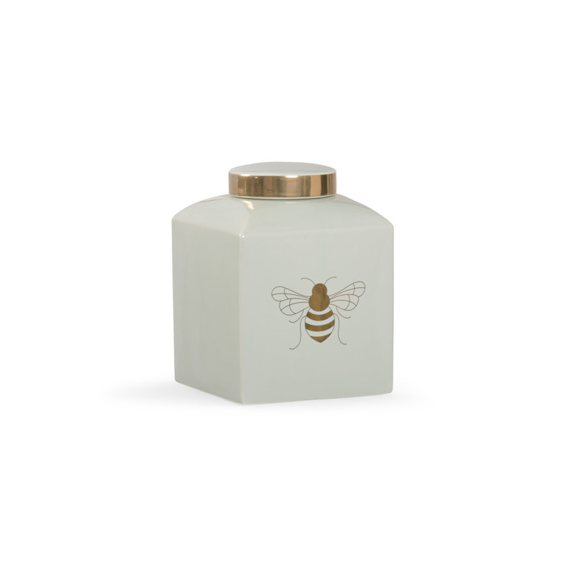 Ceramic Jar, Mint/Gold, 7.3" H x 5" W x 5" D