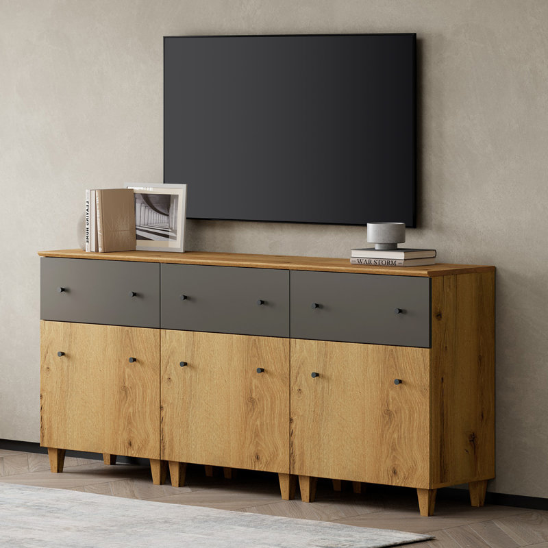 Byrl Unfinished TV Stand for TVs up to 75", Oak Brown/Dark Grey