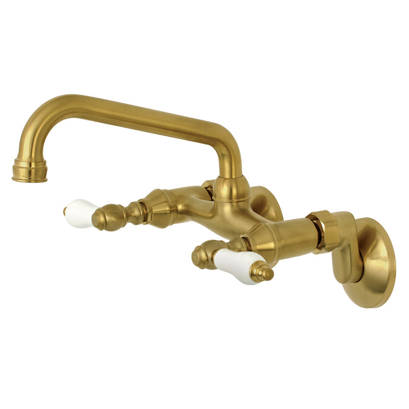 Kingston Brass Kingston Double-Handle 2-Hole Wall-Mount Bridge Kitchen Faucet, Satin Brass