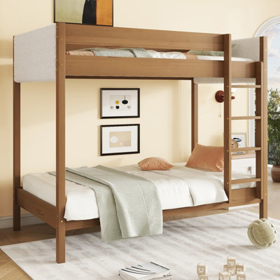Keeson Twin Over Twin Solid Wood Standard Bunk Bed with Teddy Fleece Fabric Headboard & Footboard