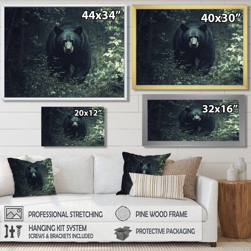 Ours noir, foyer dans la forêt I - ours, art mural, Cadre simple, Noir, H 12 po x l 20 po