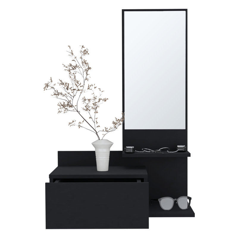 Console miroir à 3 tablettes avec tiroir à extension complète - 23,6 po de largeur en noir pour le couloir, Noir