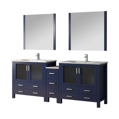 Meuble-lavabo double bleu marine l 84 po x P 18,25 po, avec armoire latérale, ensemble de robinet, comptoir en céramique blanche et miroirs de 34 po