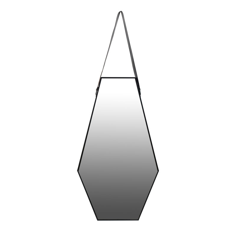 Black and Silver Hexagonal Wall Mirror with Hanging Leather Strap
