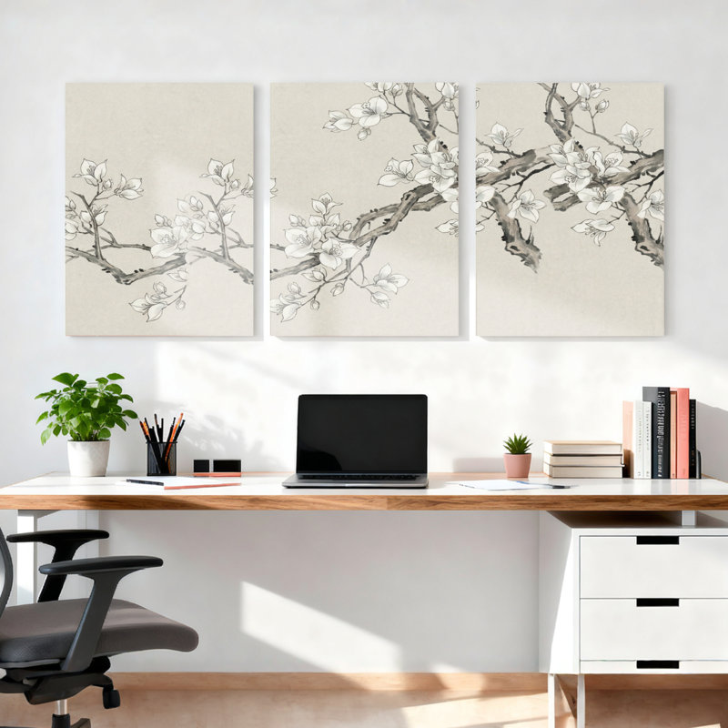 Ensemble de 3 tableaux muraux sur toile de style oriental, motif branches de cerisier en fleurs, H 30 po x l 60 po