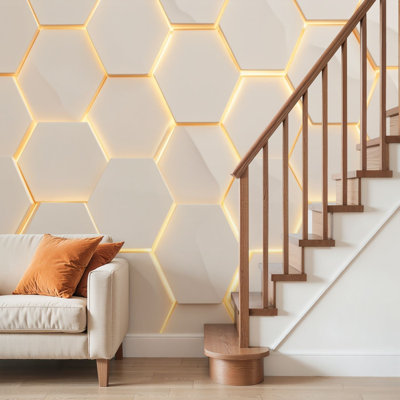 Peel and Stick Wallpaper Wall Mural 3D Geometric Hexagon Gold Accents Soft Lighting Wall Art Self Adhesive and Removable