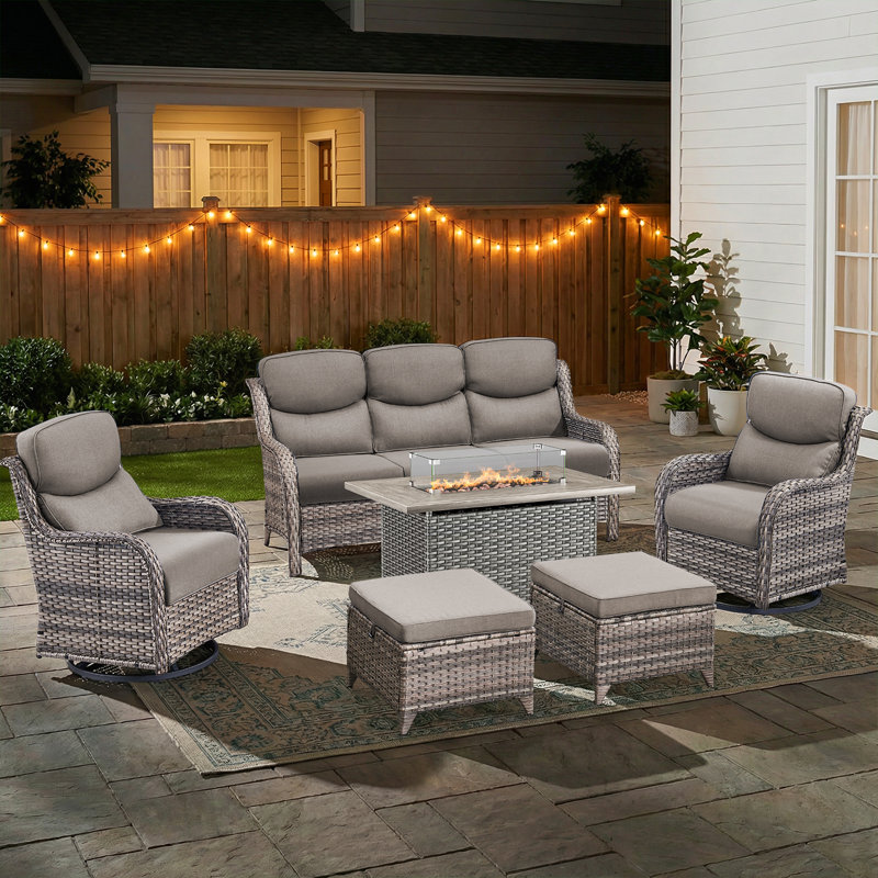 Simino 6-Piece Outdoor Wicker Patio Rectangle Fire Pit Table Conversation Set With Swivel Gliders And Ottomans, Gray, Gray