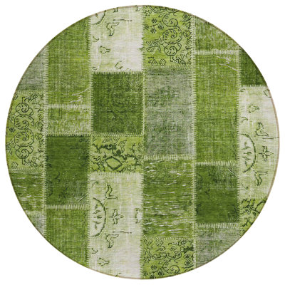 HomeRoots 8' Olive Green And Artichoke Green Round Patchwork Washable Indoor Outdoor Area Rug