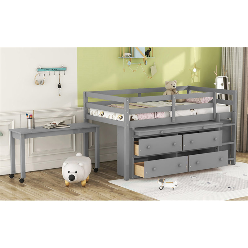 Lit mezzanine simple avec bureau d'écriture rétractable et 4 tiroirs, parfait pour une utilisation compacte et multifonctionnelle dans les petites pièces