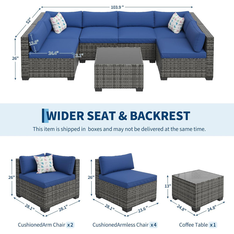 Ensemble de mobilier d'extérieur 7 pièces, canapé modulaire modulaire avec coussins épais lavables résistants à l'eau et table basse, ensemble de conversation en rotin et en osier