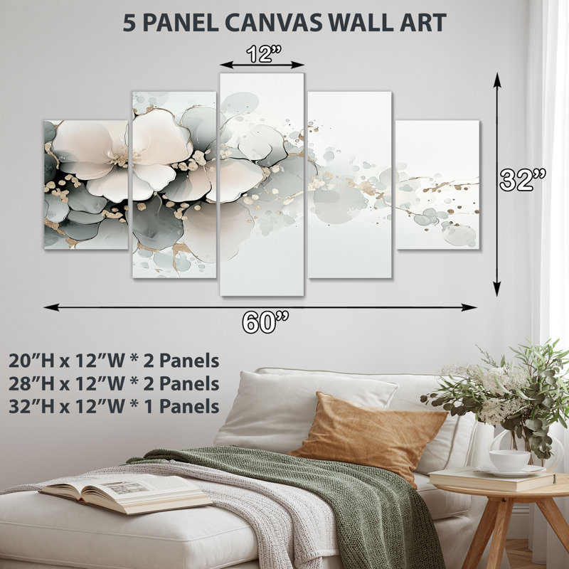 Encre de pivoines, art mural 5 panneaux