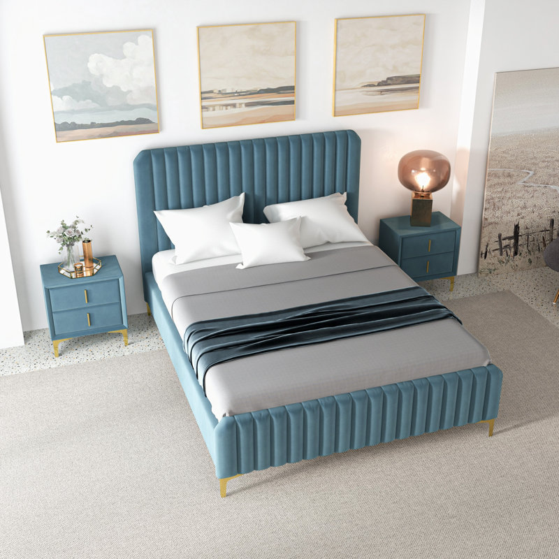 Kelii Upholstered Platform Bed, Blue, Queen