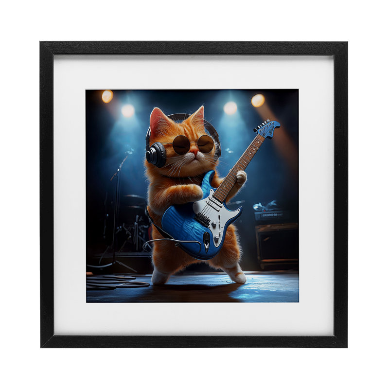 Reproduction de chat sous la barre, guitare par Jim Baldwin, H 13 po x l 13 po, Cadre noir minuit