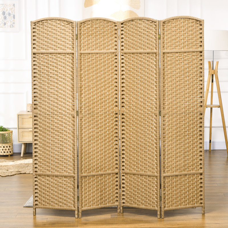 Paravent 4 panneaux, 5,6 pi de hauteur pour la maison. Thème en bois naturel avec motif tissé à la main. Cloison polyvalente. Structure fabriquée et sangles en polypropylène. Léger et pliable. Aucun assemblage requis