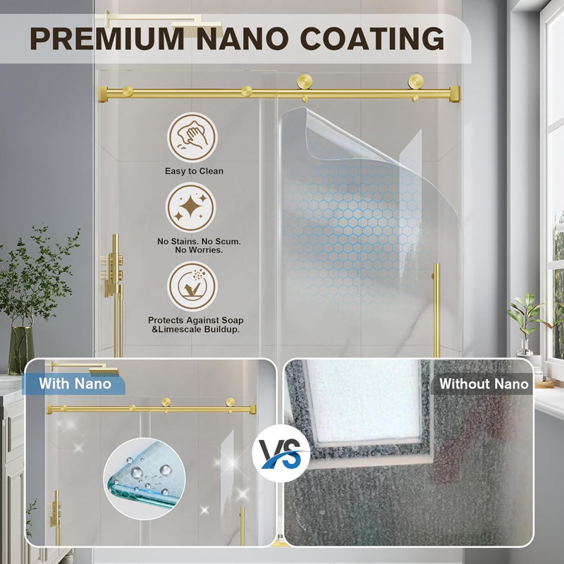 49"-54" W x 76" H Single Sliding Frameless Shower Door in Brushed Gold with 1/4" (6mm) Clear Tempered Glass, Aluminum Frame