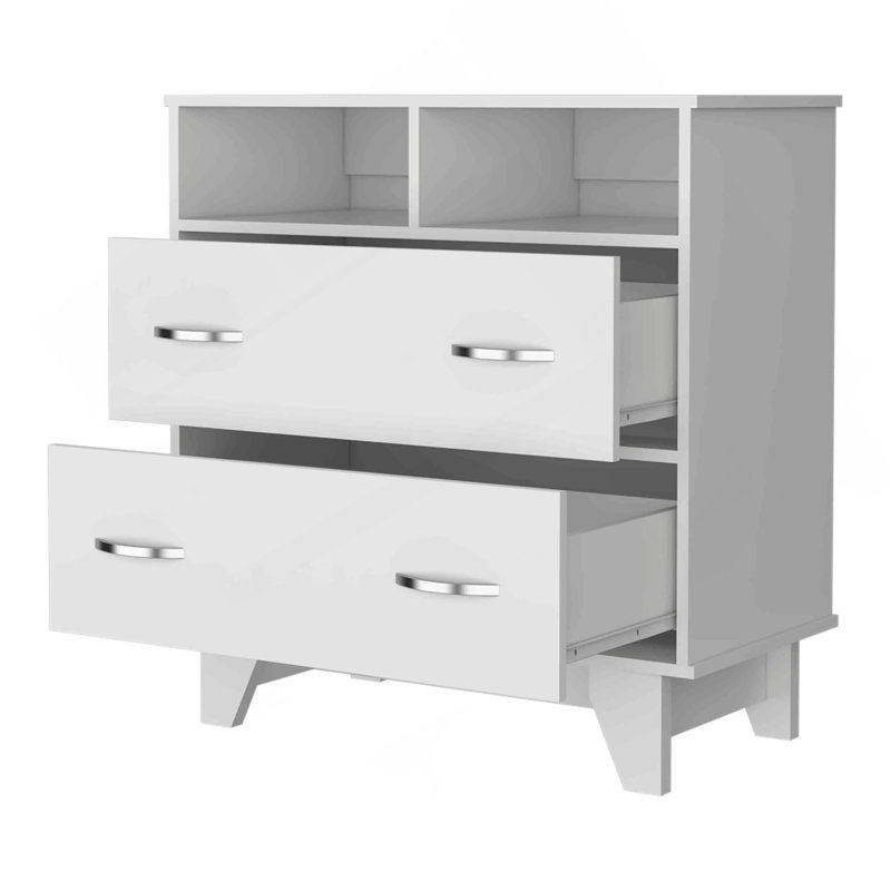 Portobelo Two Drawer Dresser, Two Shelves, Top, Four Legs, White