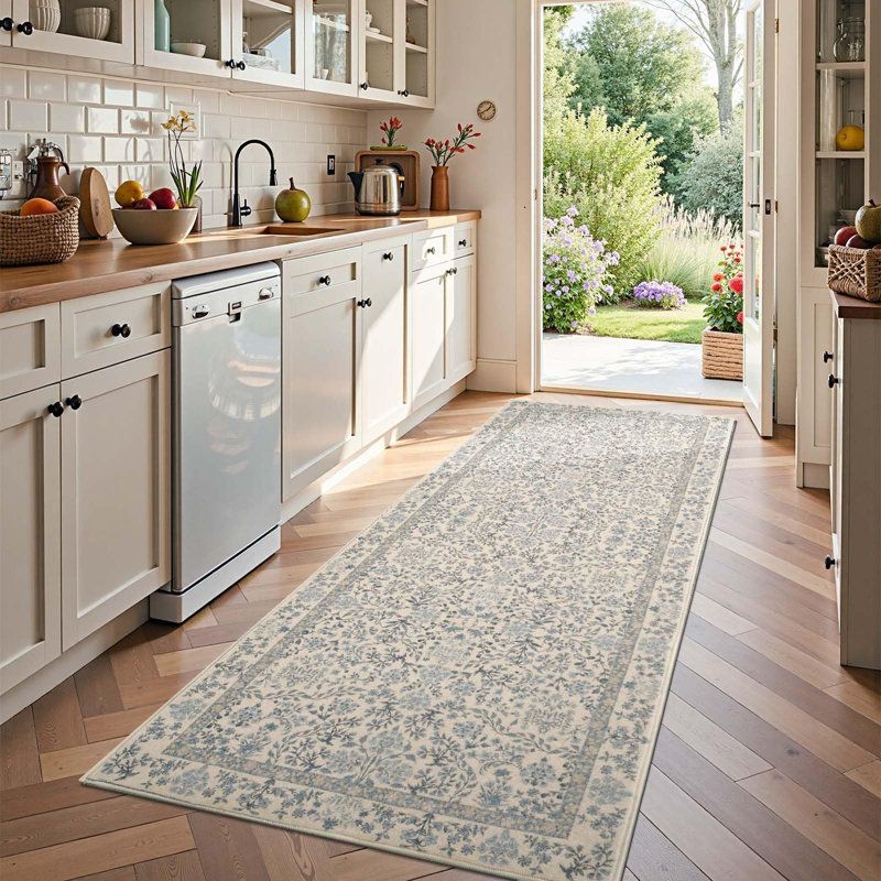 Tapis floral lavable à la machine, Tapis de couloir 3 pi x 8 pi, Blue