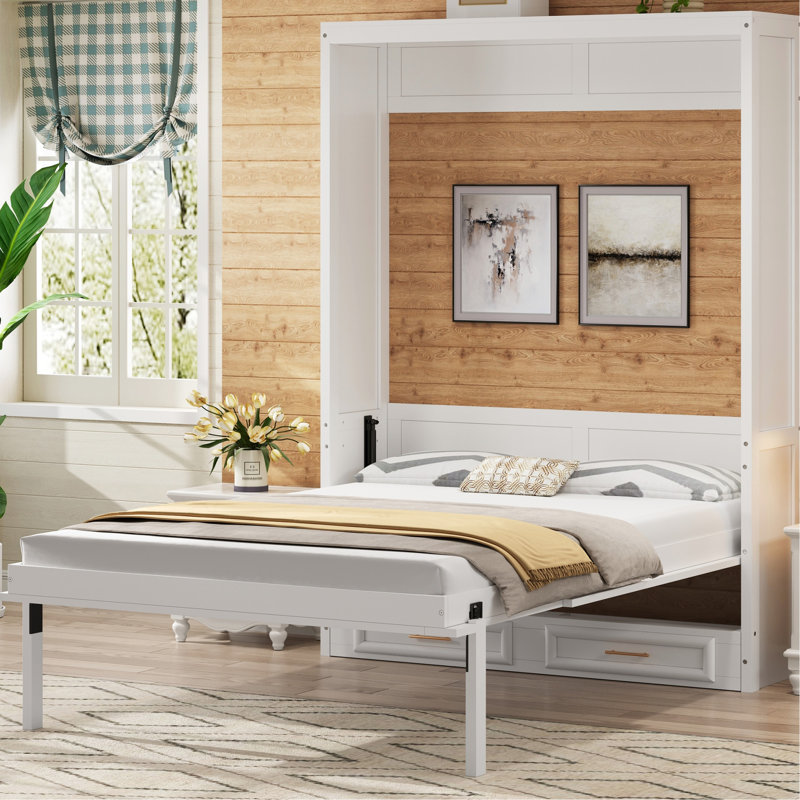 Lit double en beige avec 2 tiroirs, structure en bois de pin, pliable pour économiser de l'espace, rangement fiable, créer un petit appartement