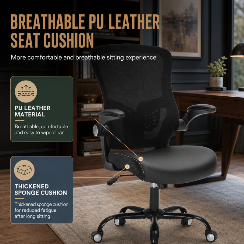 Chaise de bureau de direction en kaki avec coussins relevables, accoudoirs rabattables, supporte 300 lb, pivotant ergonomique avec support lombaire pour le bureau