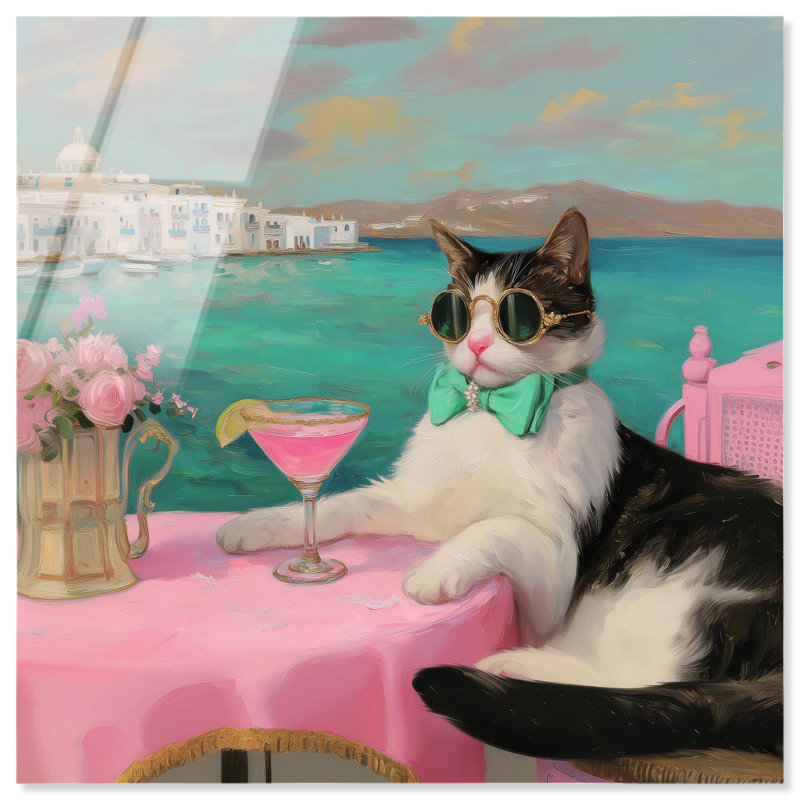 «Kitty Glam Drink in Grèce», reproduction d'art acrylique sur toile par Art Remedy, H 12 po x l 12 po