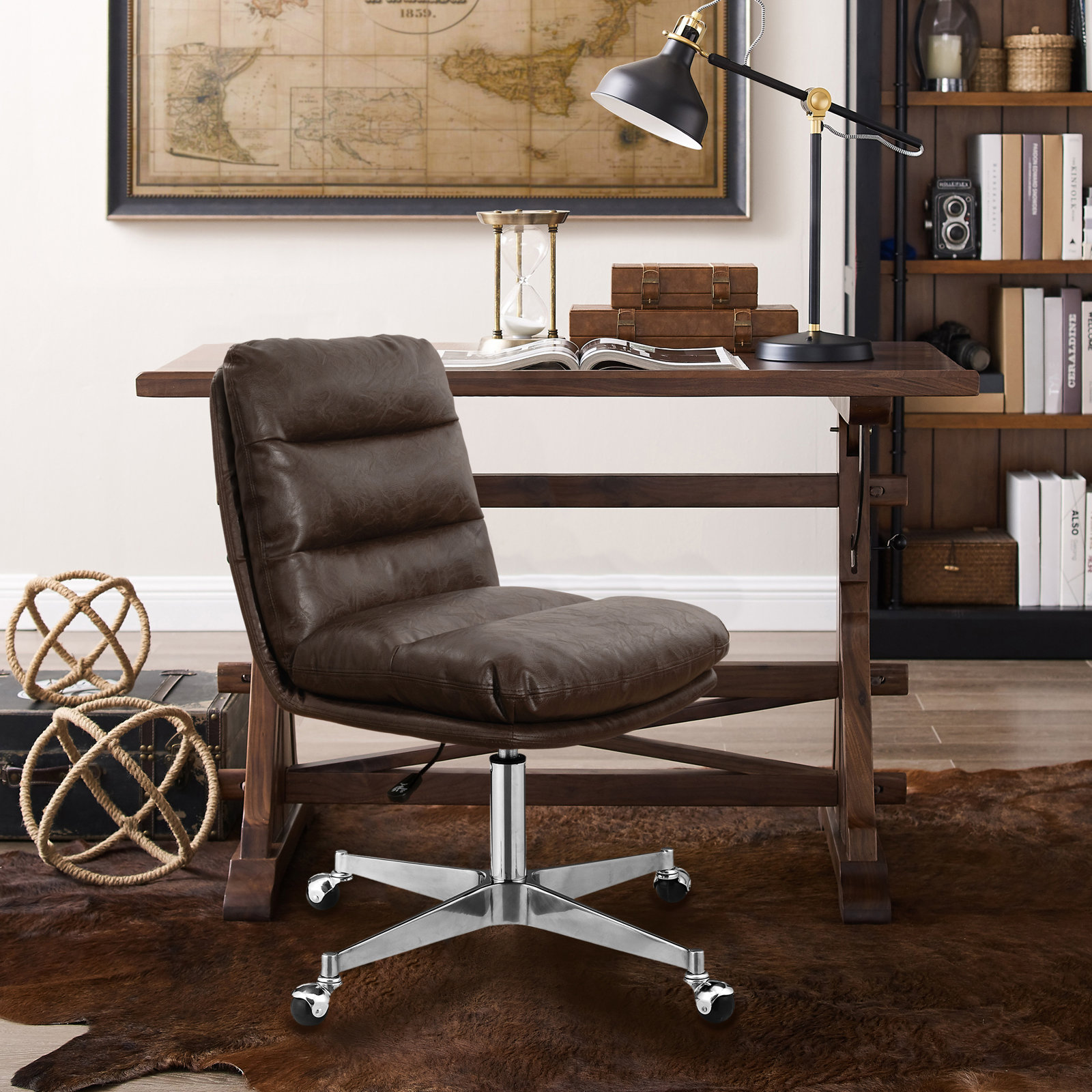 Paynesville Swivel Office Task Chair with Wheels, Faux Leather, Dark Brown