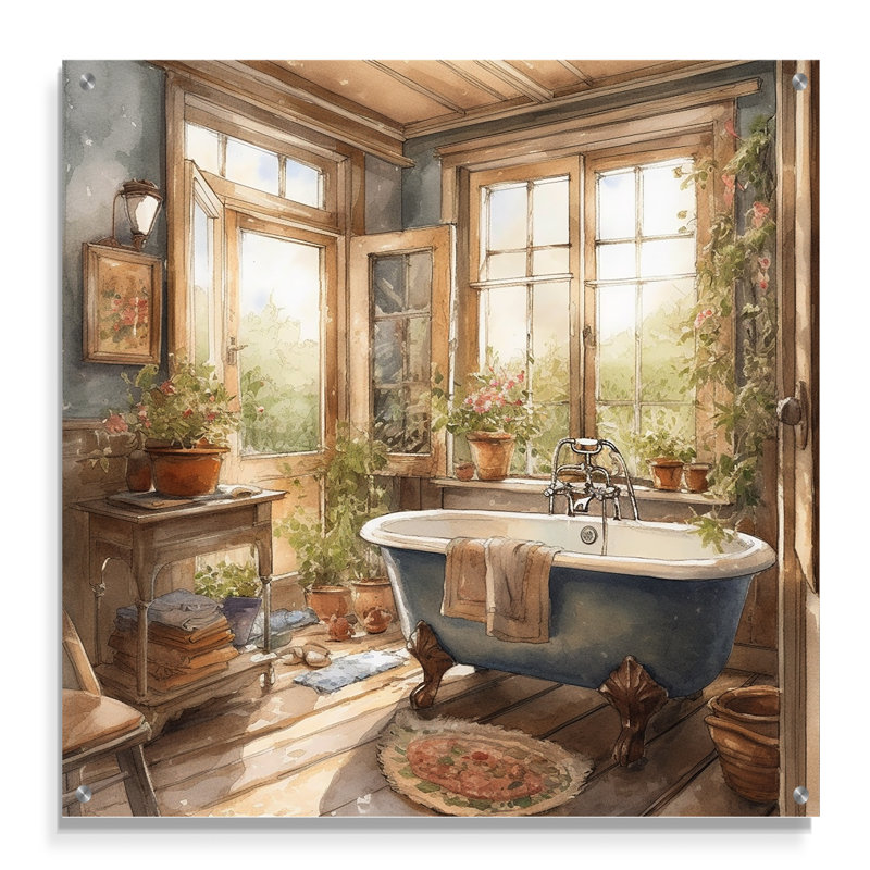 «Old Farmhouse Bathaign IV», art mural moderne en acrylique pour salle de bain, H 36 po x l 36 po