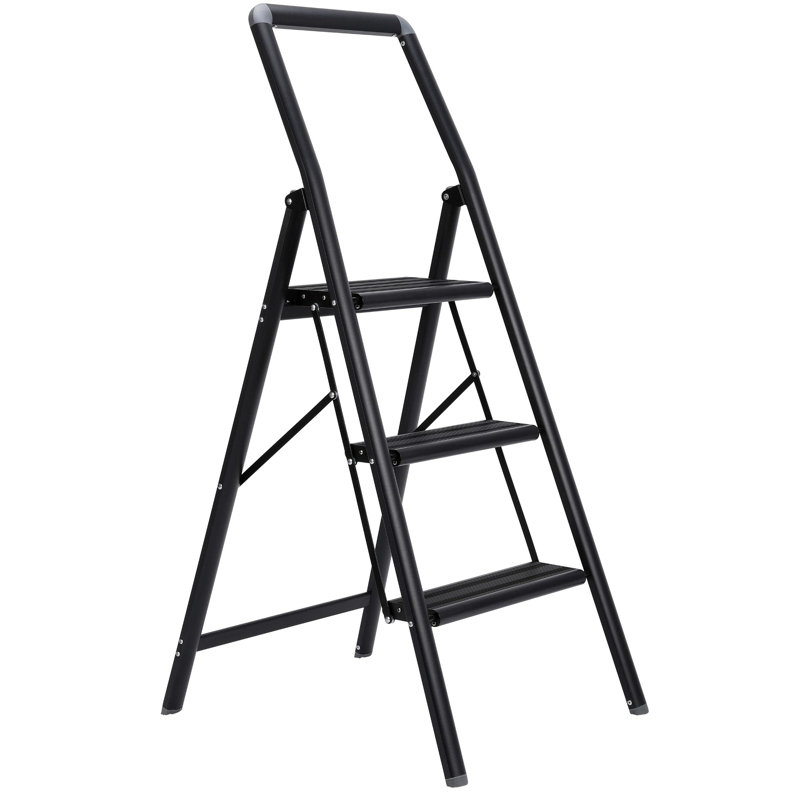Escabeau pliable à 3 marches pour la cuisine, le garde-manger, le placard ou le bureau à domicile - Escabeau pliant et léger en aluminium avec main courante (noir)