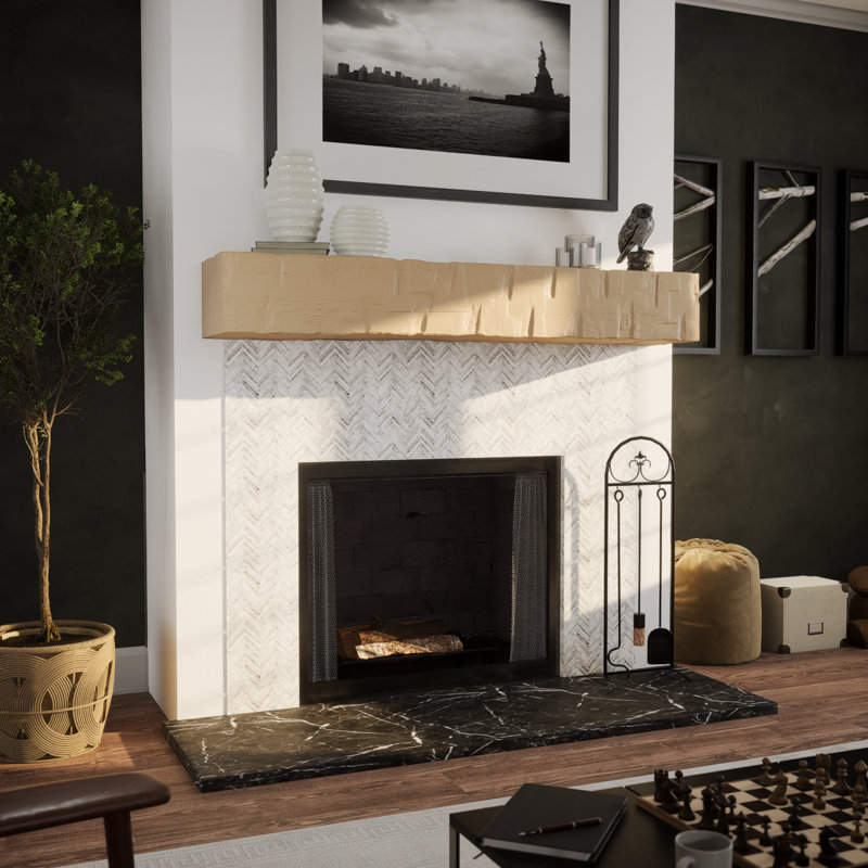Reclaimed Axed Cut Heritage Timber Faux Wood Fireplace Mantel, Primed Tan, 5.5" H x 66" W x 7.5" D