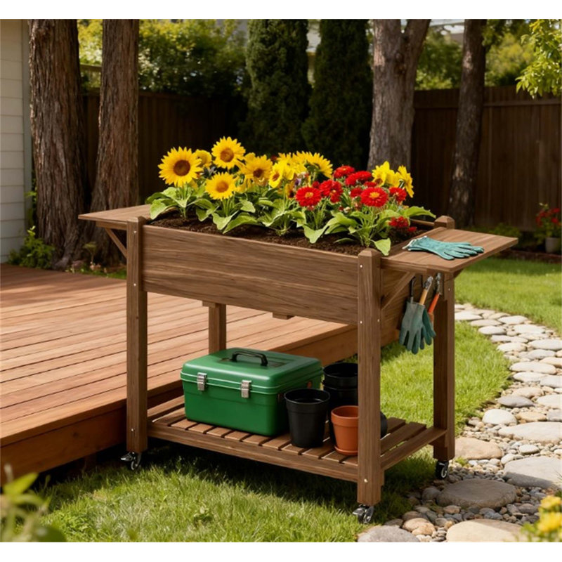 Convenient Elevated Garden Bed,Wood Raised Planter Box,With Lockable Wheels,Side Tables,Bottom Shelf,Drain Holes, Black/Brown