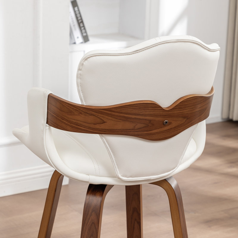 Mid-Century Modern Bar Stool, 360-Swivel Seat With PU Upholstery And Metal Foot Ring, White, Bar Stool (30" Seat Height)