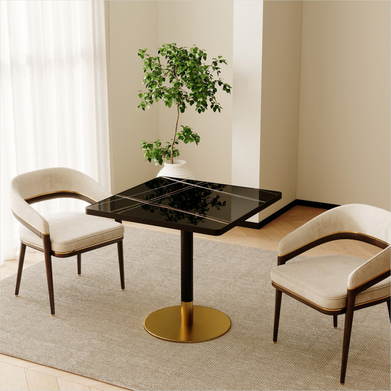 Table bistro de 31,5 pouces carrée, plateau en pierre frittée de ton noir avec piédestal doré, 2 à 4 places, table de salle à manger compacte moderne pour petits espaces