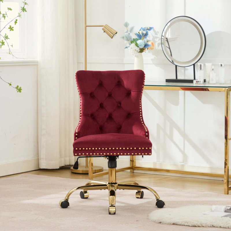 Chaise de bureau Furniture, fauteuil de bureau moderne capitonné en velours avec base en métal, Velours rouge