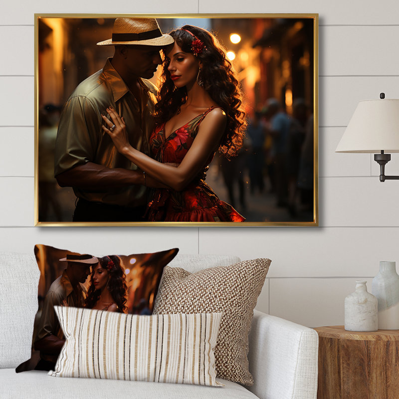 Salsa Dance in Havana - People, art mural sur toile, Cadre flottant doré, 34" H x 44" W