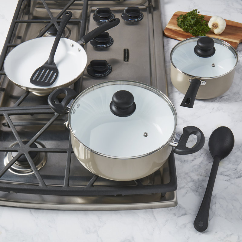Basic Essentials 7-Piece Nonstick Aluminum Cookware Set with Lids and Cooking Utensils, Stonegray, Gray