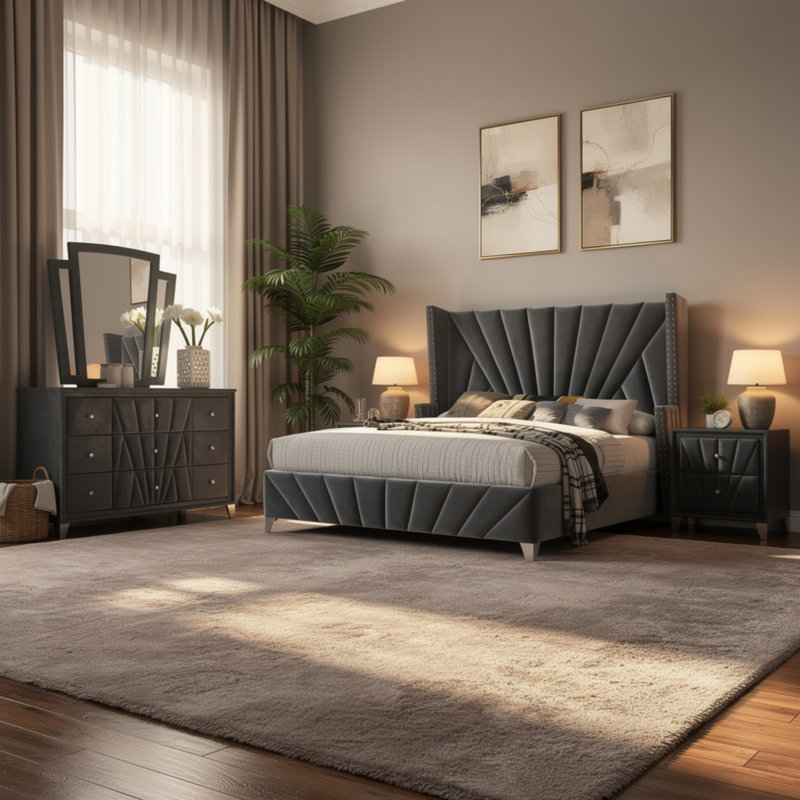 Ensemble de chambre avec grand lit 4 pièces Ino et tête de lit à oreilles Ino
