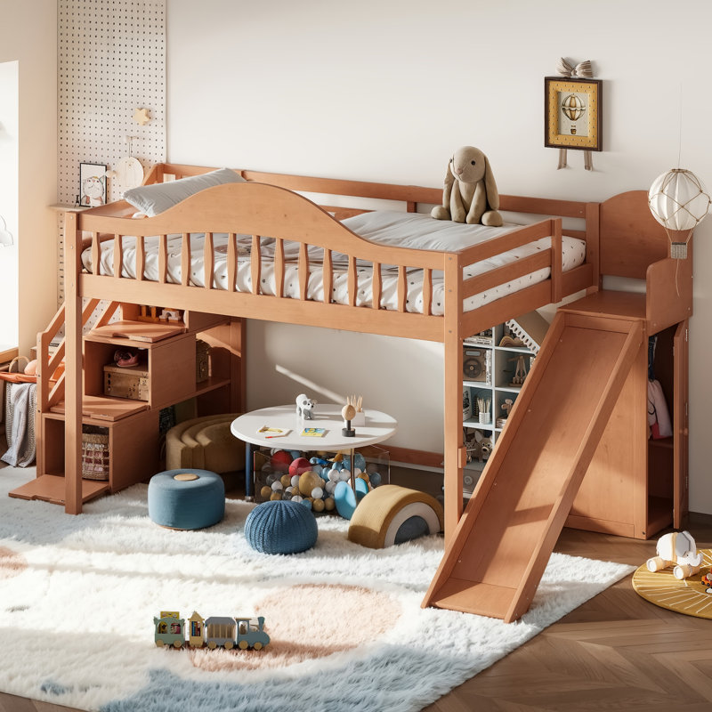 Lit mezzanine double en bois massif avec escalier de rangement, glissade et garde-robe intégrée, Full, Walnut