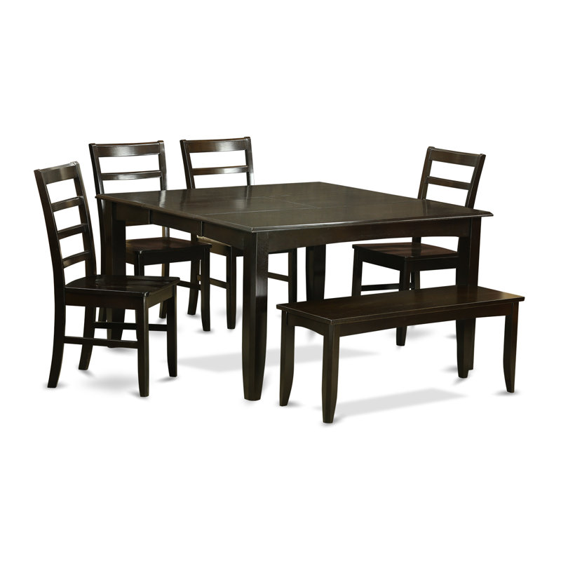 6 Piece Dining Room Furniture Set Contains a Square Kitchen Table with Butterfly Leaf and 4 Dining Chairs with a Bench, Cappuccino