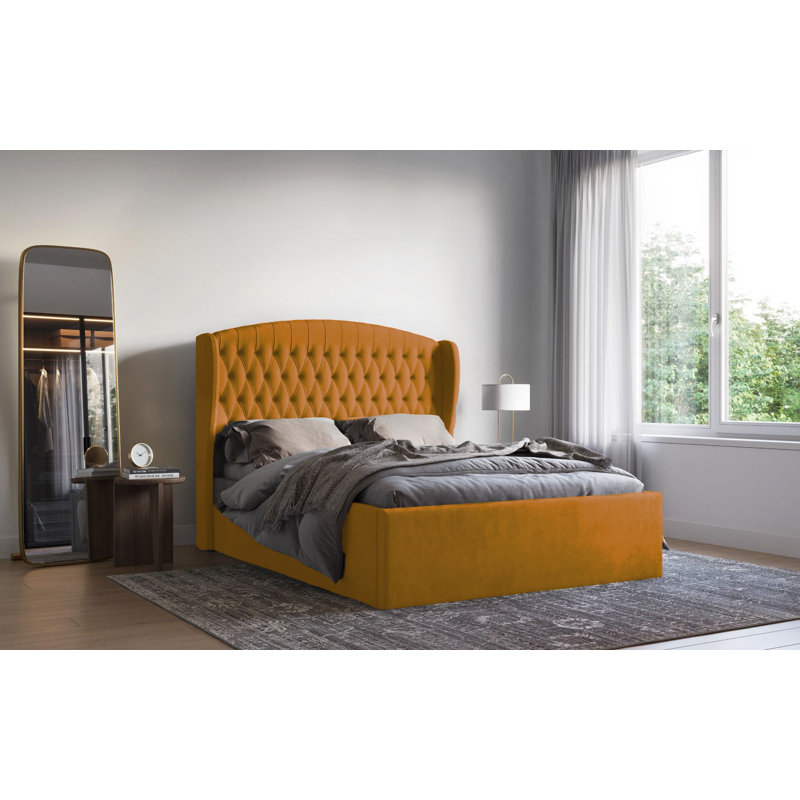 Medau Velvet Upholstered Bed Frame - Padded Headboard, Chrome Feet, Single (3'), Mustard