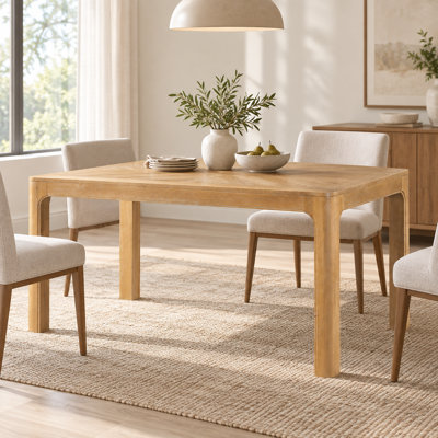 Rectangular Dining Table with Parquet-Style Top and Rounded Corners in Natural Solid Wood