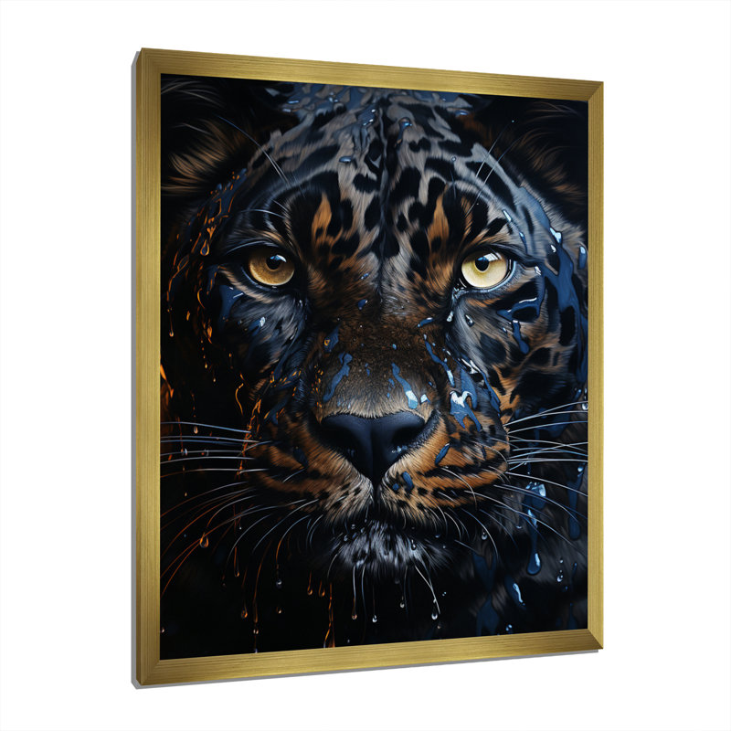 «Teal Yellow Midnight Panther Inky I», reproduction d'art sur toile, H 32 po x l 24 po x P 1 po, Encadrement doré