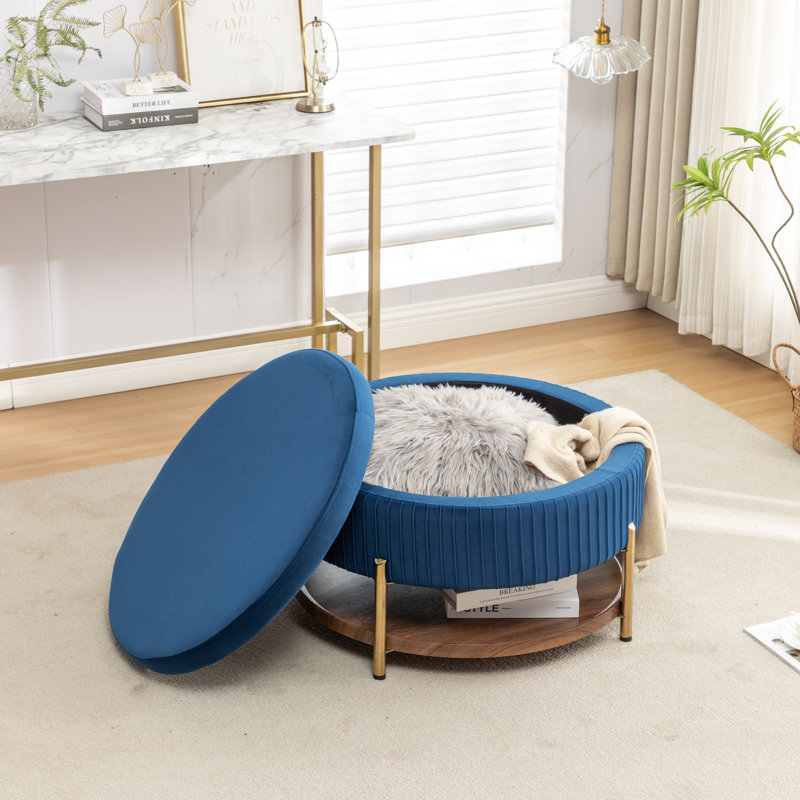Charyn Upholstered Round Storage Ottoman, Blue