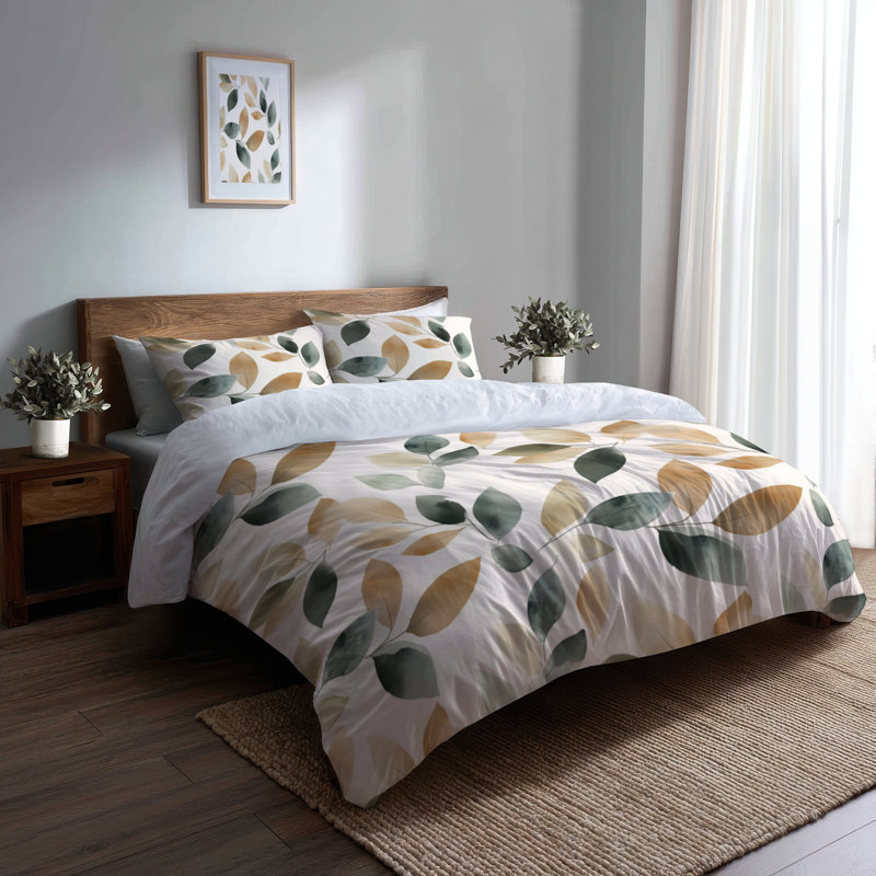 Ensemble de literie 3 pièces Floral - Ensemble de housse de couette et coussin décoratif Brown Drift Leaves
