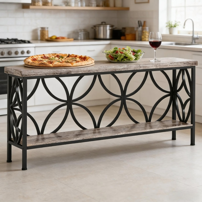 Console de style industriel à 2 niveaux avec grain de bois rétro et détails en métal noir, parfaite pour les espaces étroits et polyvalente