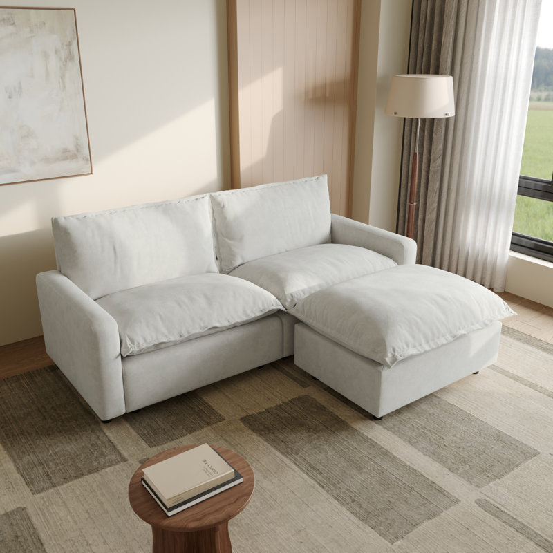 3-Piece Upholstered Modular Linen Fabric Sectional Sofa With Ottoman For Small Spaces, Beige