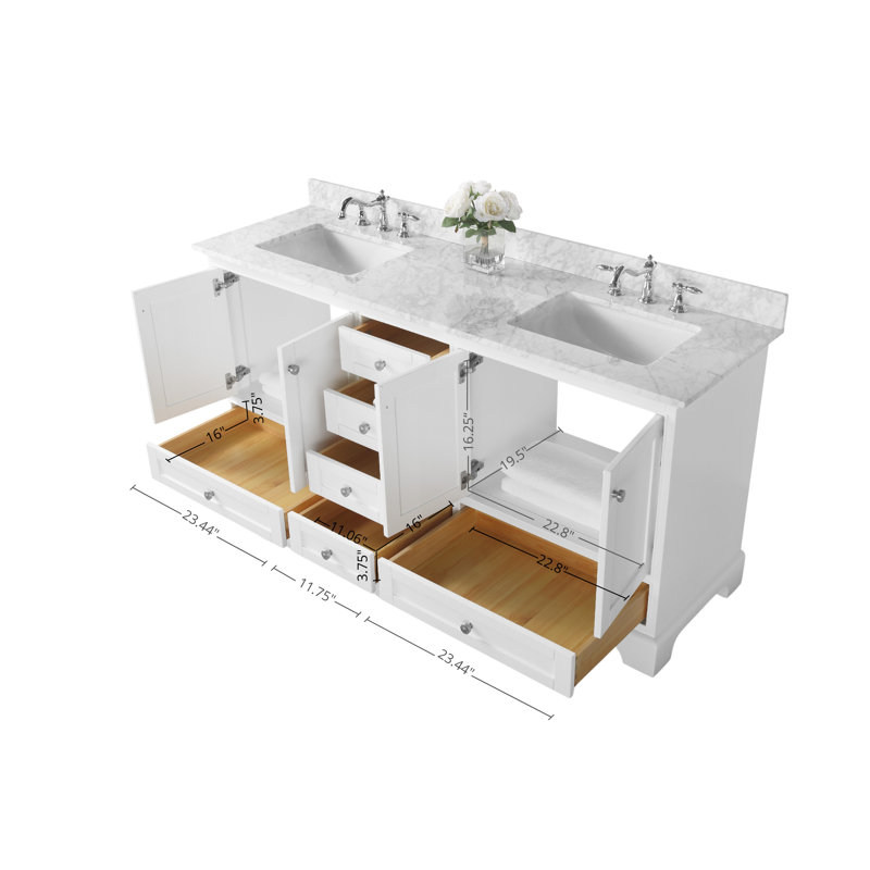 Audrey 66'' W Double Vanity, White| Brushed Nickel, Carrara White